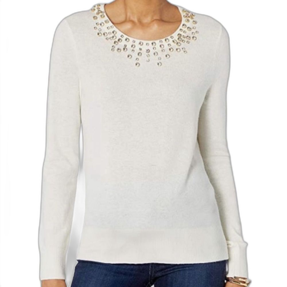 Lilly Pulitzer Coconut Odetta Sweater Wool Blend Rhinestone Neckline Size Large - Picture 9 of 13